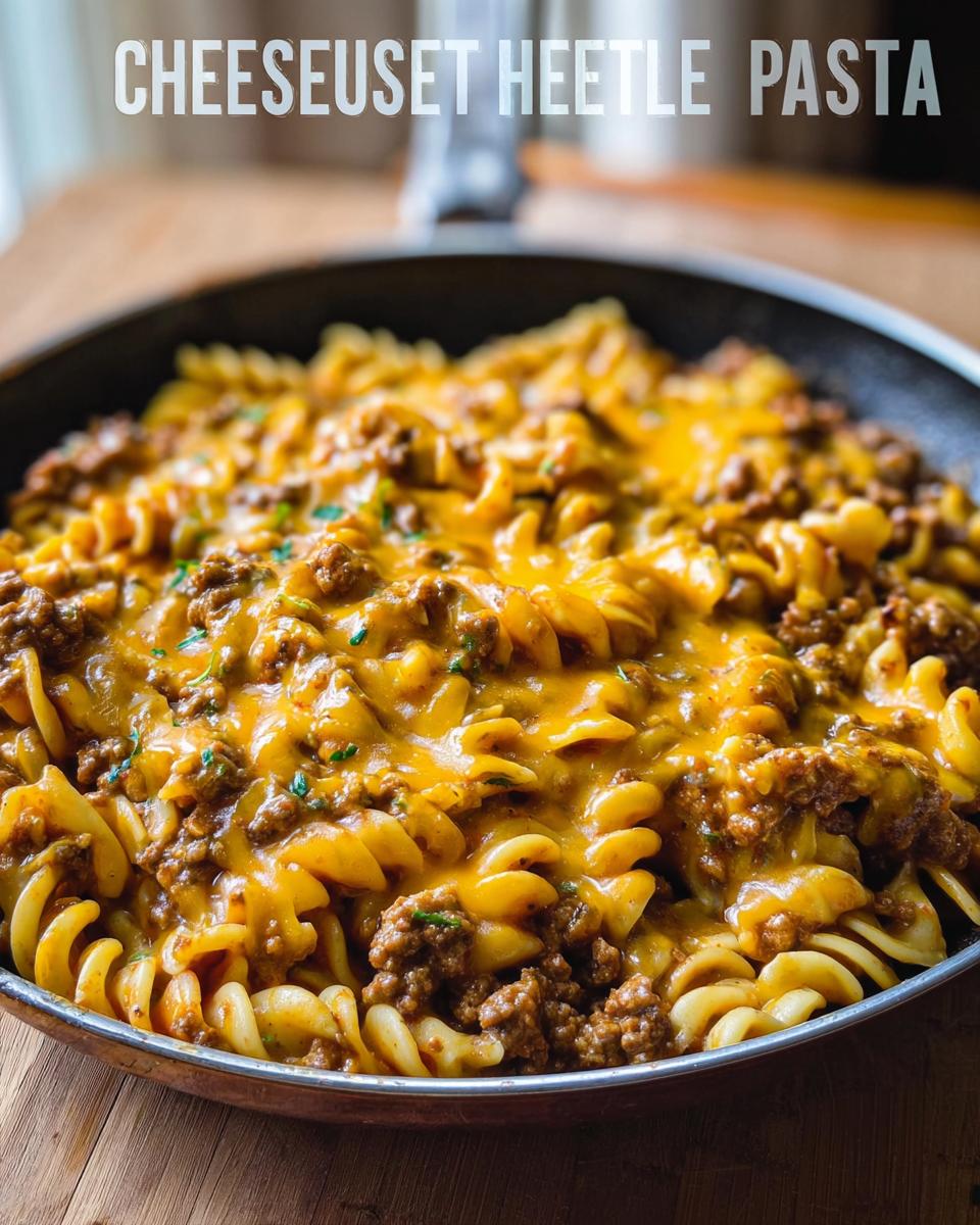 Close-up of gooey, melted cheddar cheese topping rich ground beef and rotini pasta in a skillet, ready for Cheeseburger Skillet Pasta.