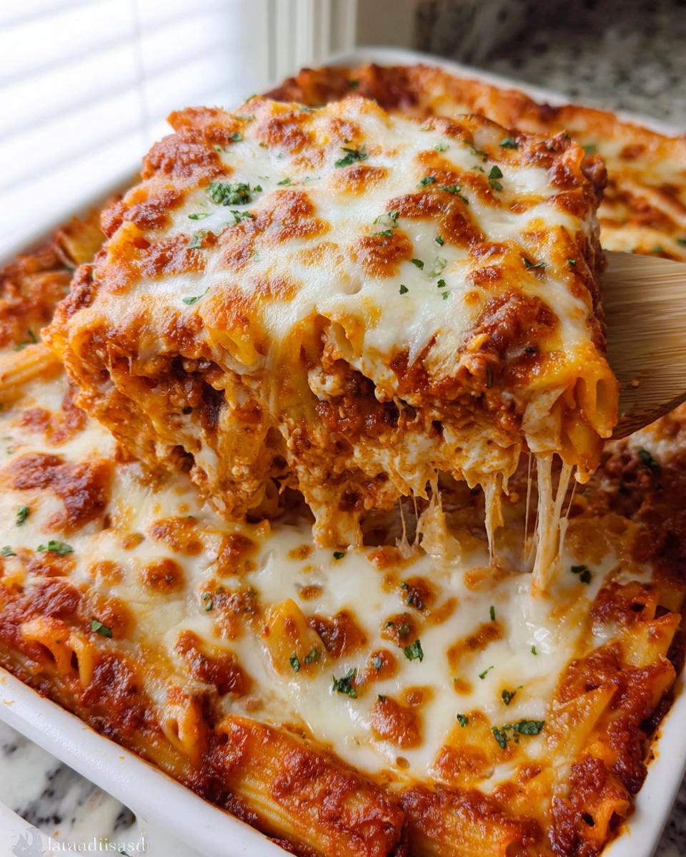 A wooden spatula lifts a square serving of Cheesy Baked Ziti Casserole, showing long, gooey cheese pulls.