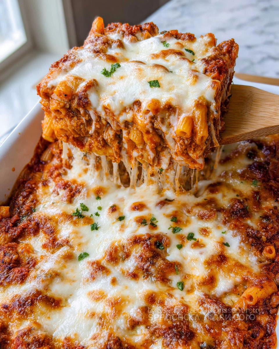 A serving of Cheesy Baked Ziti Casserole being lifted, showing a dramatic, stringy cheese pull.
