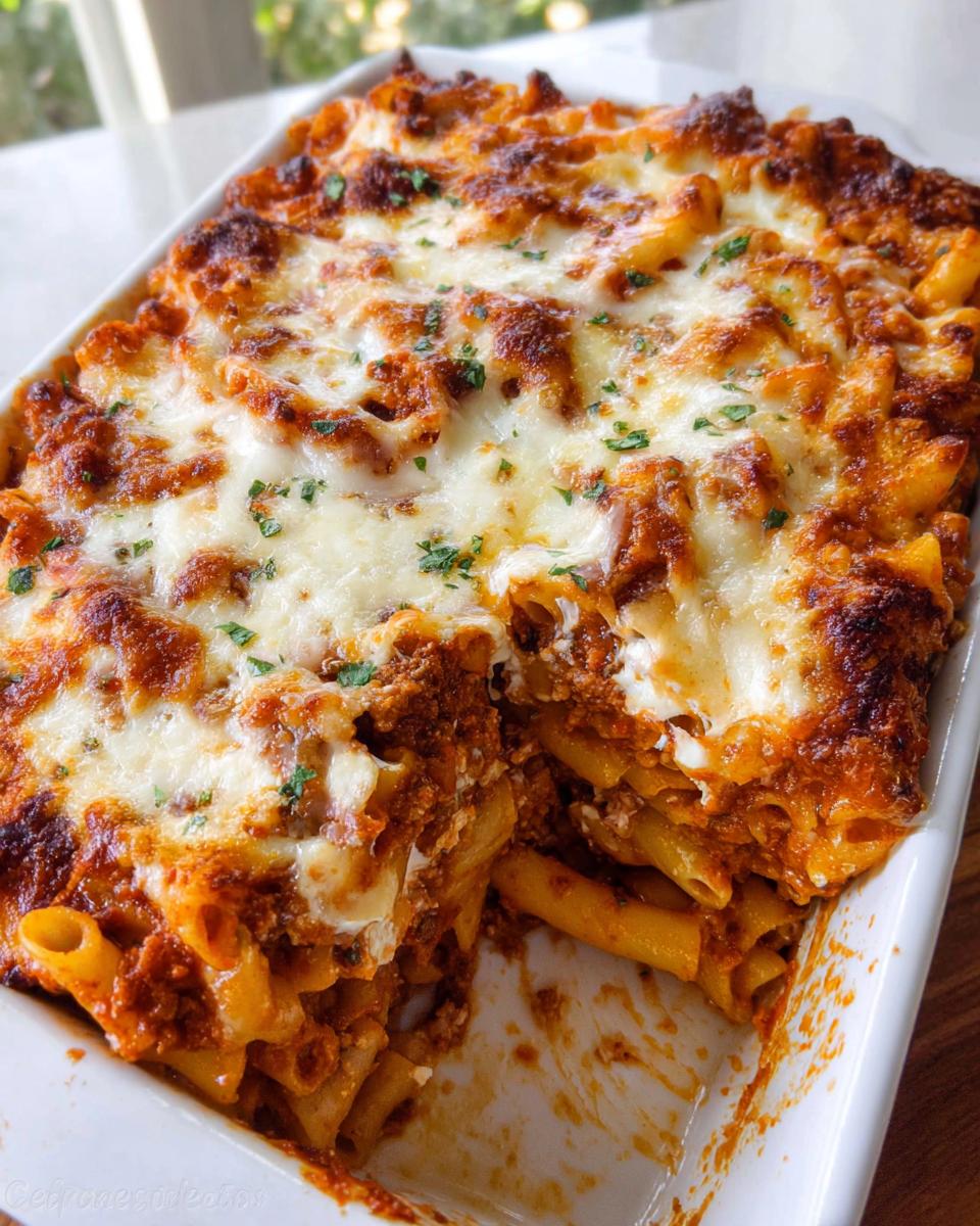 A serving dish filled with Cheesy Baked Ziti Casserole, featuring a bubbly, browned cheese top and visible layers of pasta and sauce.