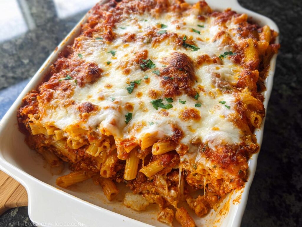 A close-up of a freshly baked Cheesy Baked Ziti Casserole in a white dish, topped with melted, browned mozzarella cheese.