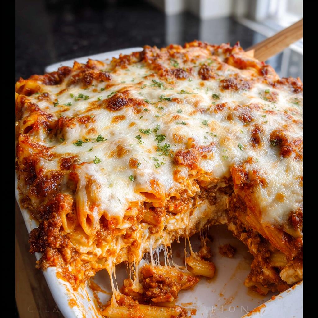 A serving spoon pulls a portion from a Cheesy Baked Ziti Casserole, showing melted cheese strings and rich meat sauce.