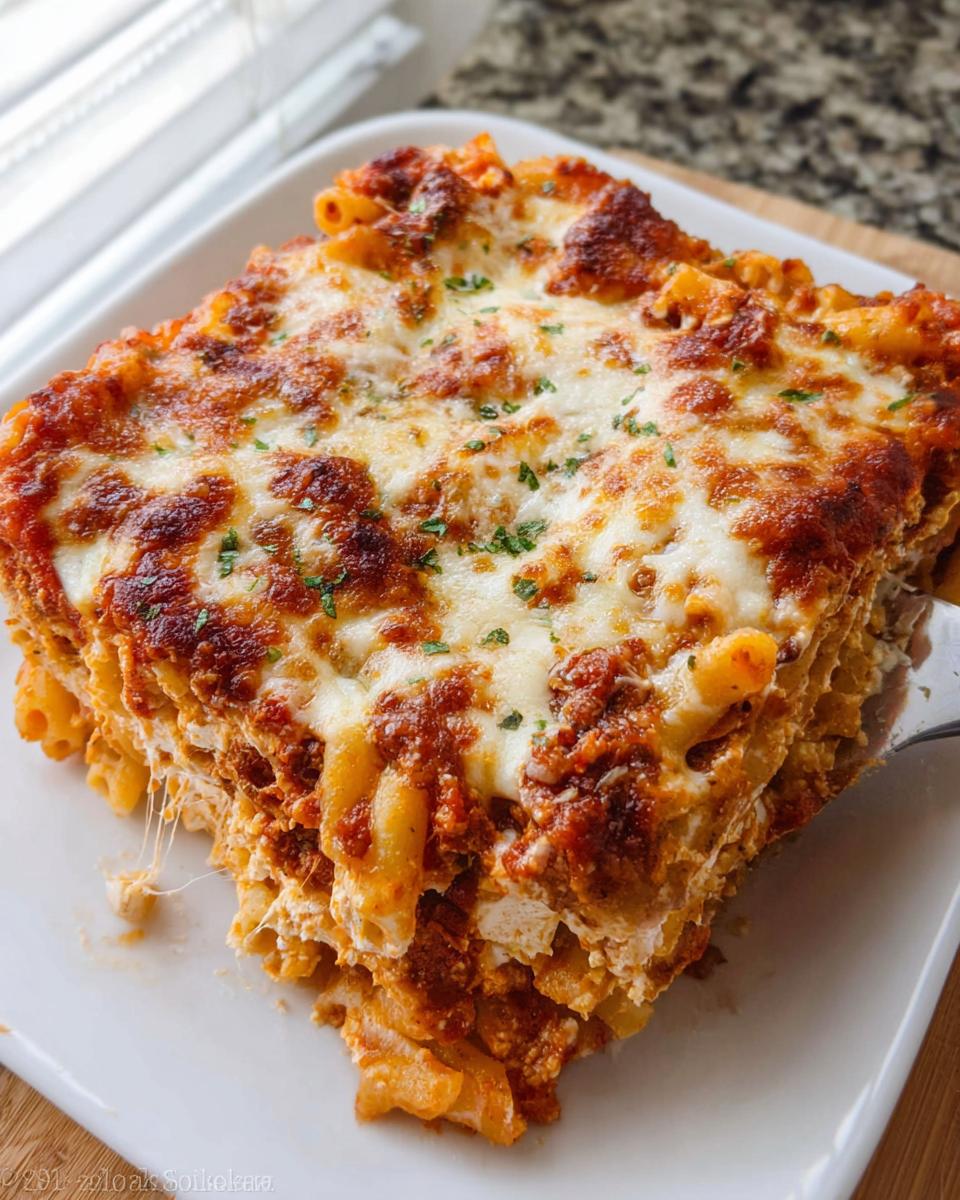 A thick slice of Cheesy Baked Ziti Casserole being lifted from a plate, showing layers of pasta, sauce, and gooey melted cheese.
