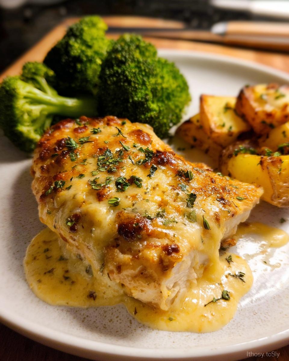 Close-up of cheesy Sheet Pan Baked Chicken and Broccoli served with roasted potatoes.