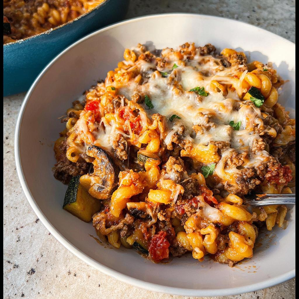 A close-up of a bowl filled with Cheesy Ground Beef Pasta Skillet, topped with melted mozzarella and visible chunks of zucchini.
