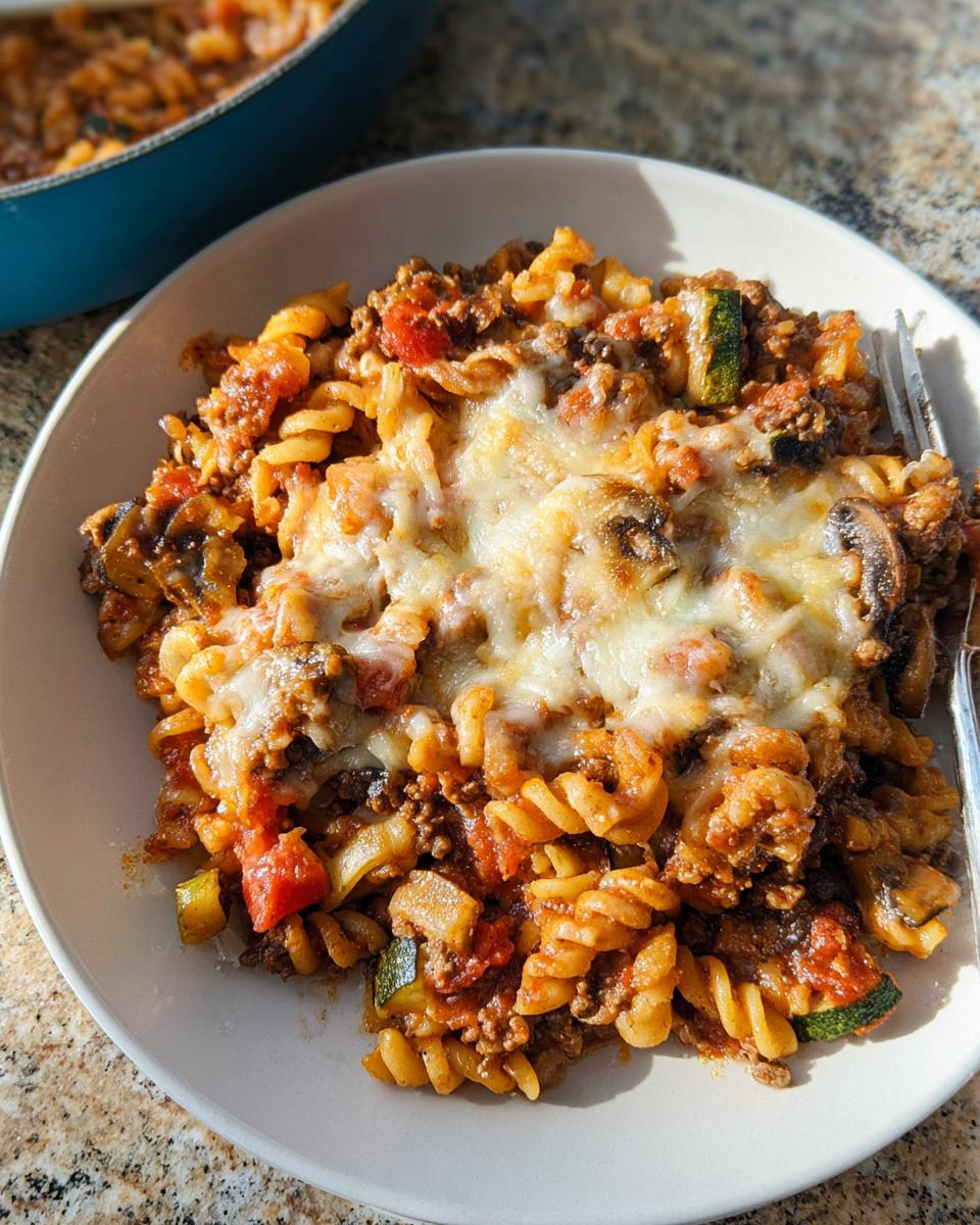 A serving of Cheesy Ground Beef Pasta Skillet featuring rotini pasta, ground beef, tomatoes, zucchini, and topped with melted mozzarella cheese.