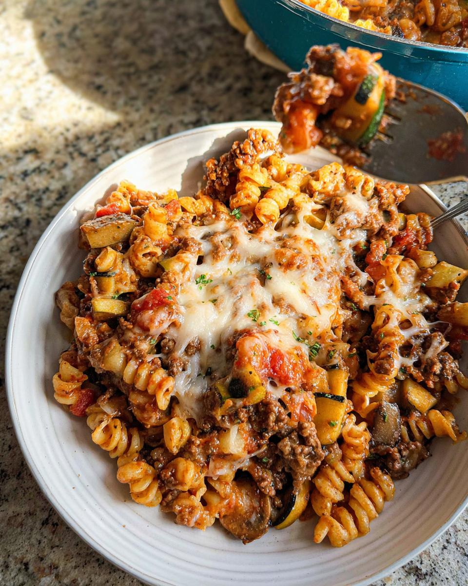 A close-up serving of Cheesy Ground Beef Pasta Skillet with rotini pasta, ground beef sauce, zucchini, and melted cheese.