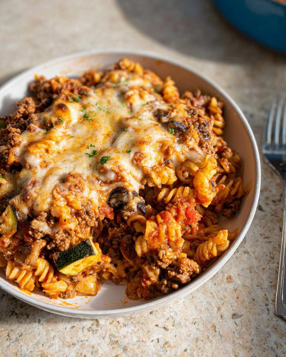 A close-up serving of Cheesy Ground Beef Pasta Skillet featuring rotini pasta, ground beef sauce, zucchini chunks, and melted mozzarella cheese topping.