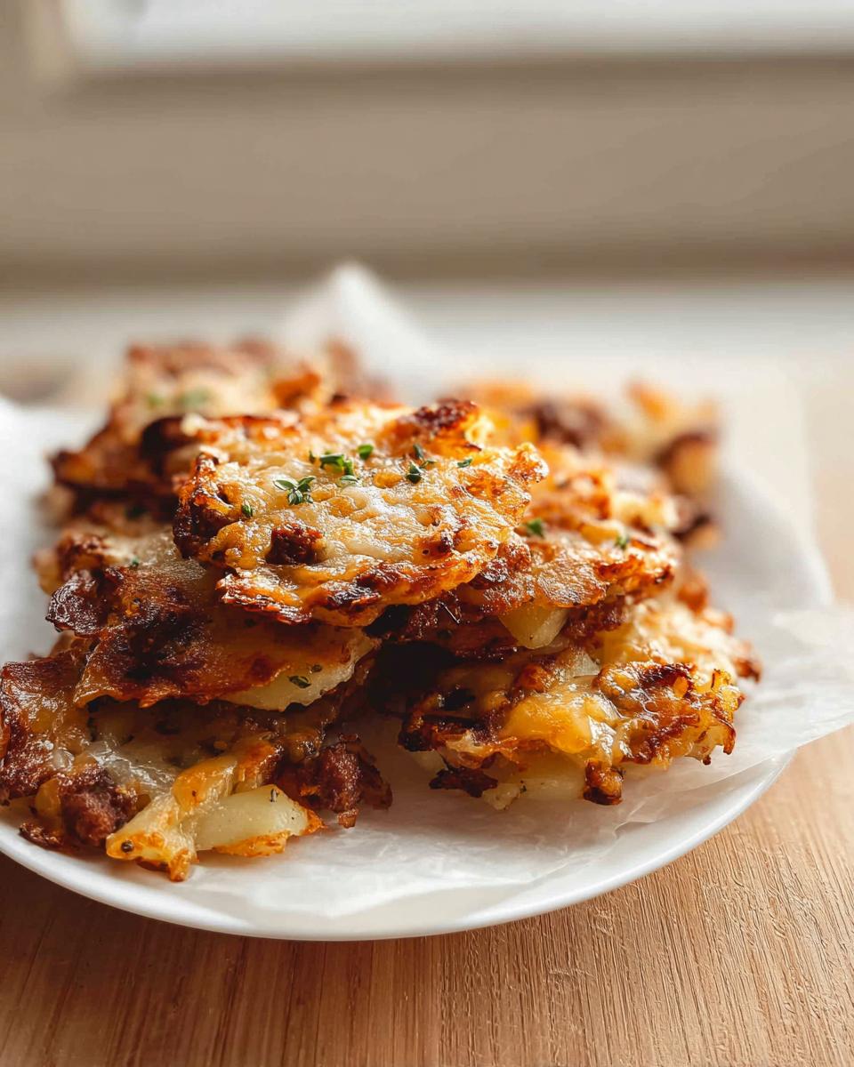 A stack of crispy, browned potato hash patties topped with melted cheese and herbs, inspired by Cheesy Potato Hash with Sausage Skillet.