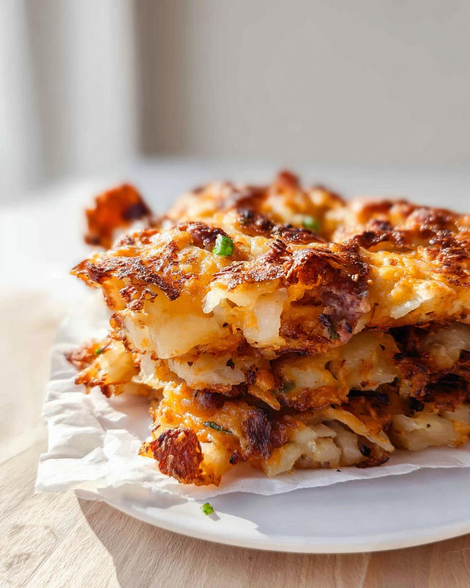 Stack of crispy, golden-brown Cheesy Potato Hash with Sausage Skillet portions served on a white plate.
