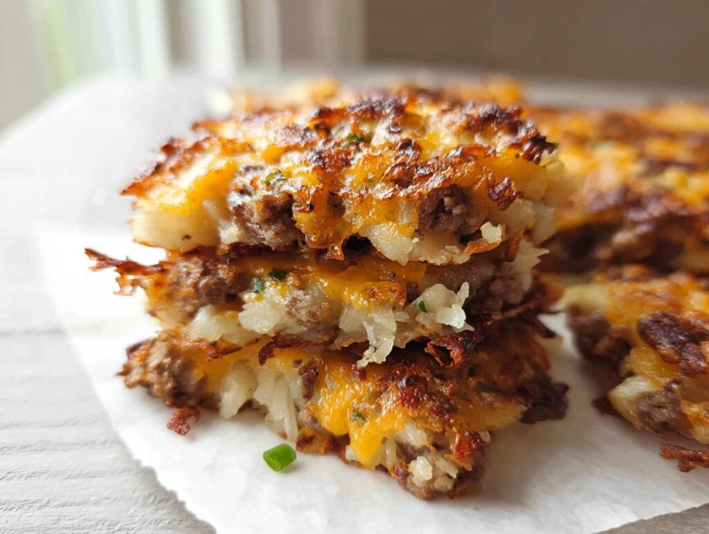 Close-up of stacked, crispy Cheesy Potato Hash with Sausage Skillet patties showing melted cheese and browned edges.
