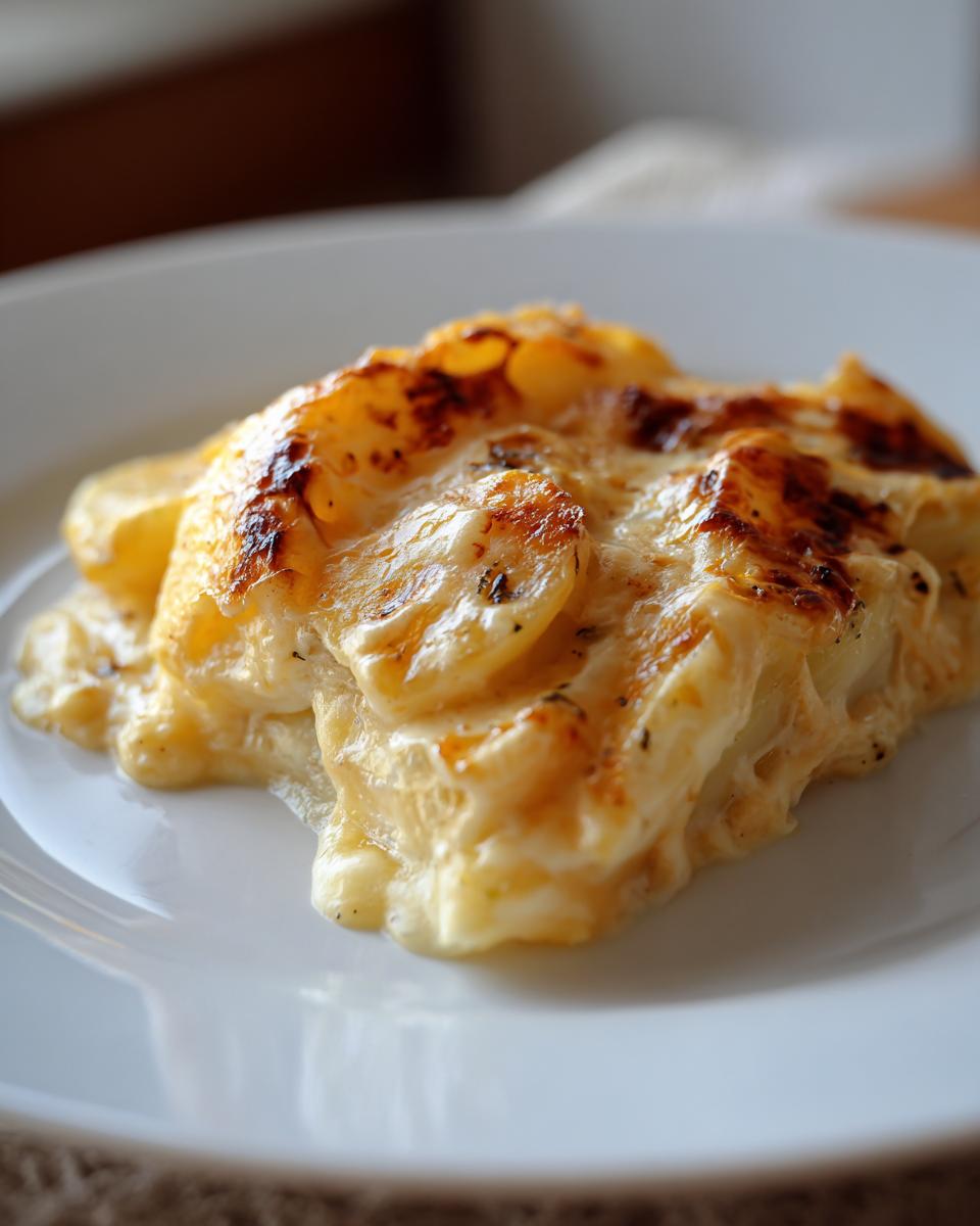 A close-up of a serving of Cheesy Scalloped Potatoes with Cream, featuring browned cheese topping.