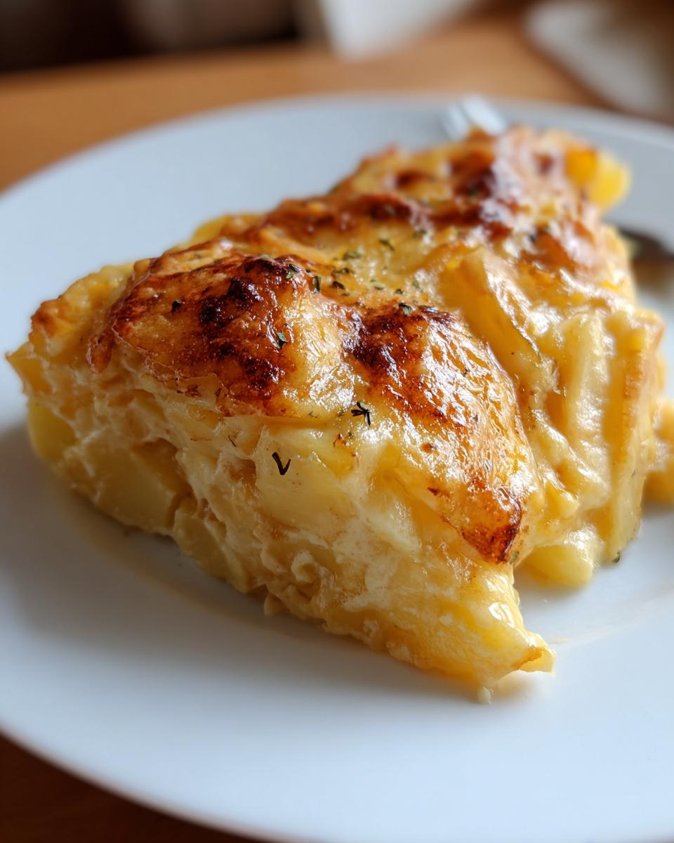 A close-up of a perfectly baked slice of Cheesy Scalloped Potatoes with Cream, showing layered potatoes and a browned, bubbly cheese topping.