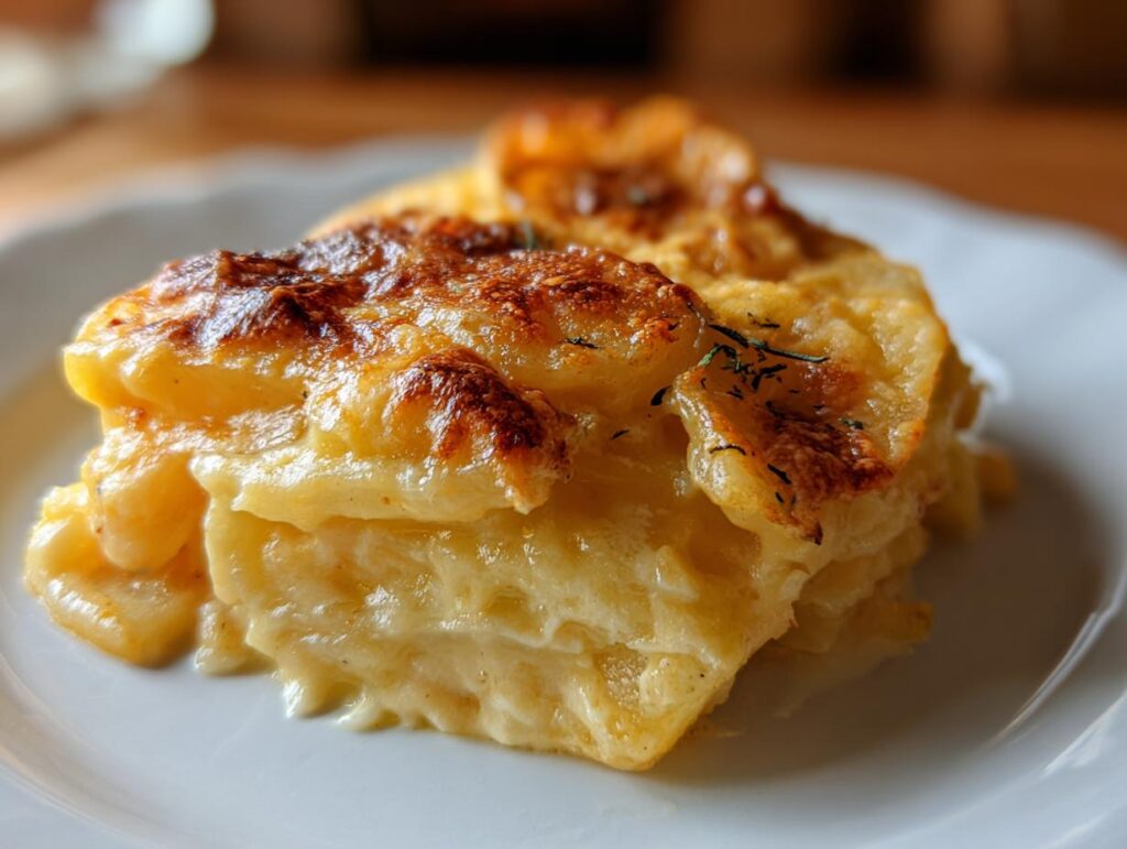 A close-up of a serving of cheesy scalloped potatoes with cream, featuring a golden-brown, bubbly cheese crust.