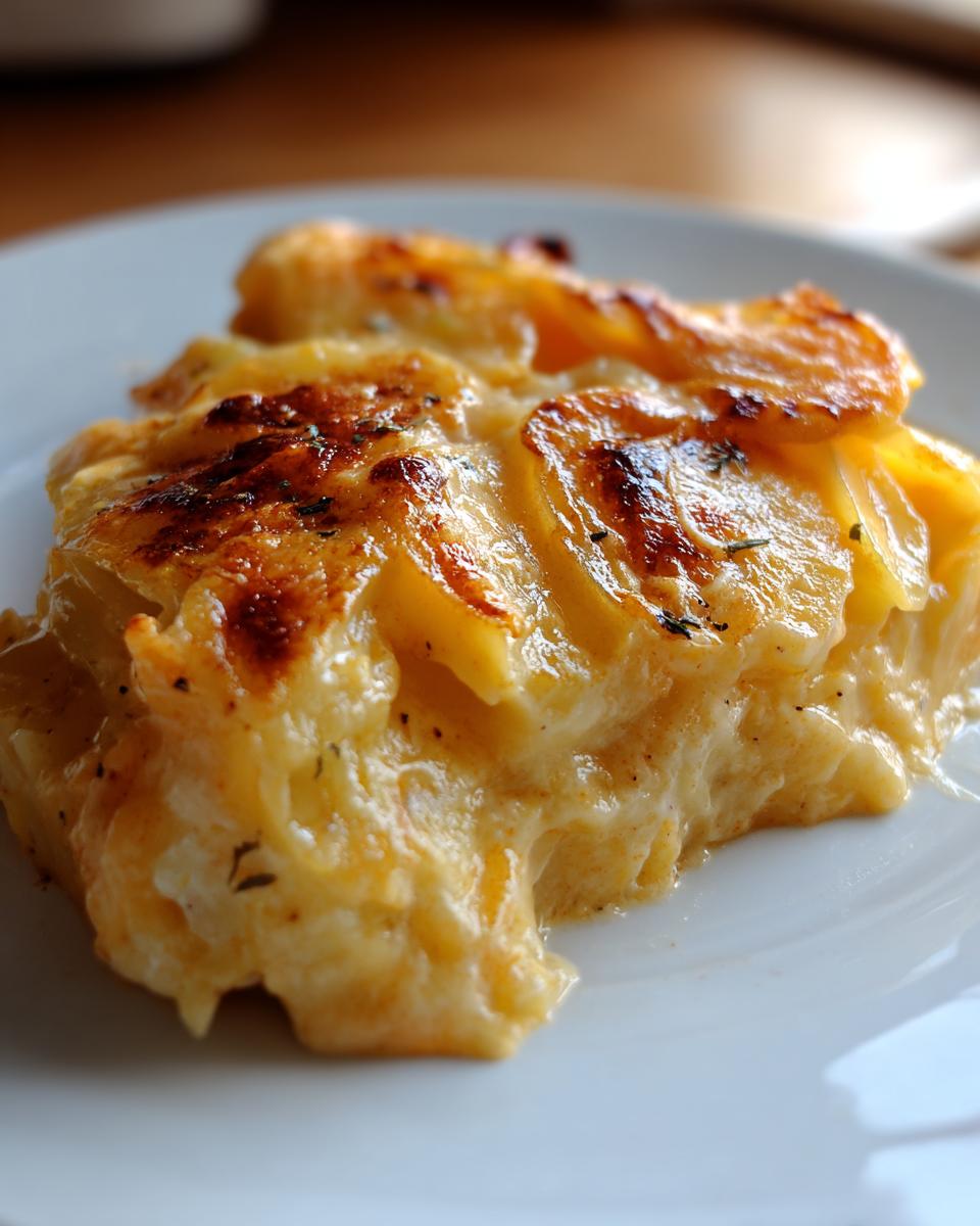 A close-up of a serving of Cheesy Scalloped Potatoes with Cream, showing golden-brown, bubbly cheese topping.