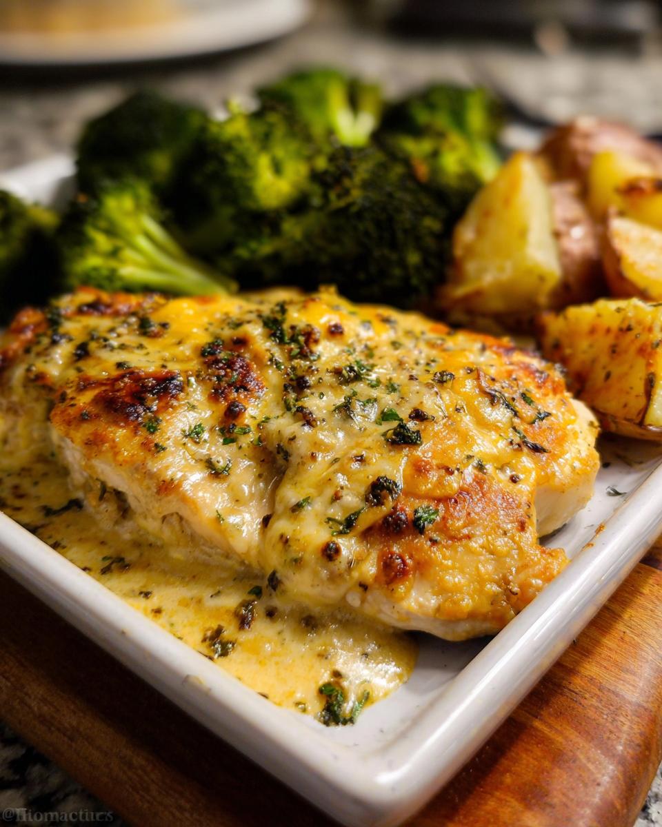 Close-up of cheesy, baked Sheet Pan Baked Chicken and Broccoli served with roasted potatoes.