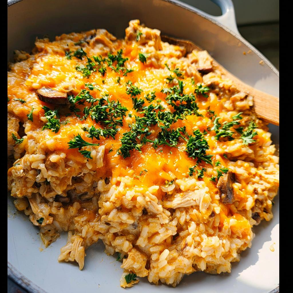 Close-up of creamy Smothered Chicken and Rice Skillet topped with melted cheddar cheese and fresh parsley.