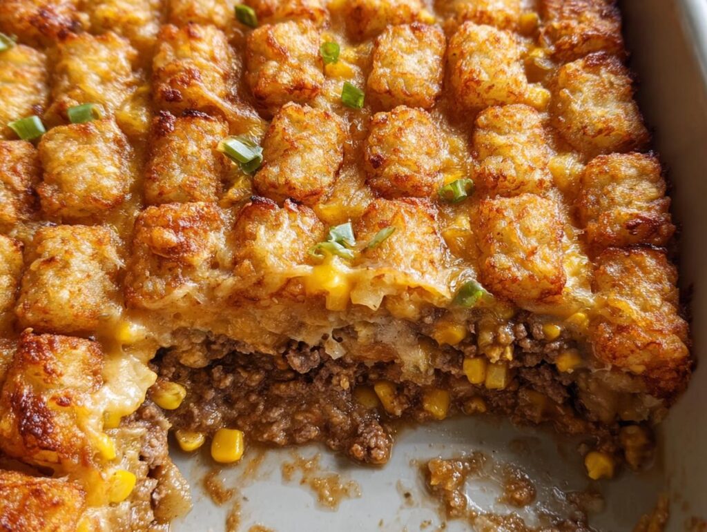 Close-up of a baked Cheesy Tater Tot Beef Casserole showing crispy tater tots, melted cheese, and a ground beef and corn layer.