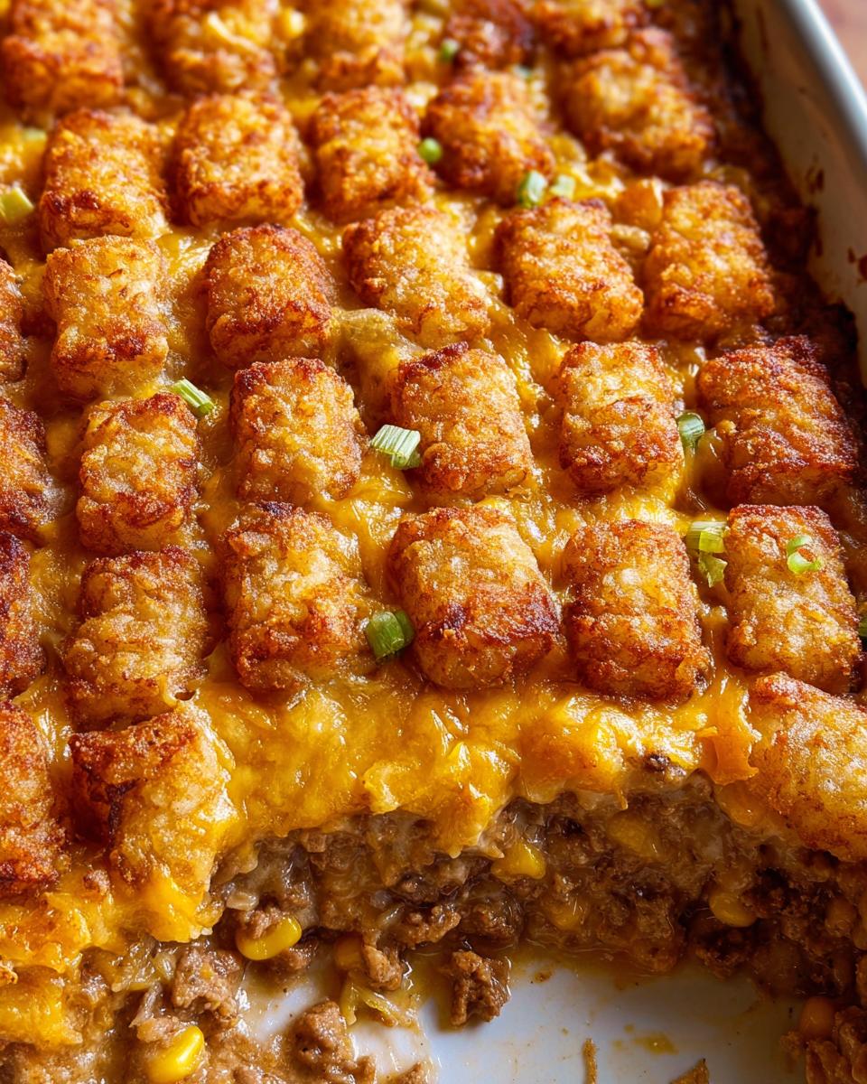 Close-up of a baked Cheesy Tater Tot Beef Casserole showing crispy tater tots over melted cheddar cheese and ground beef filling.