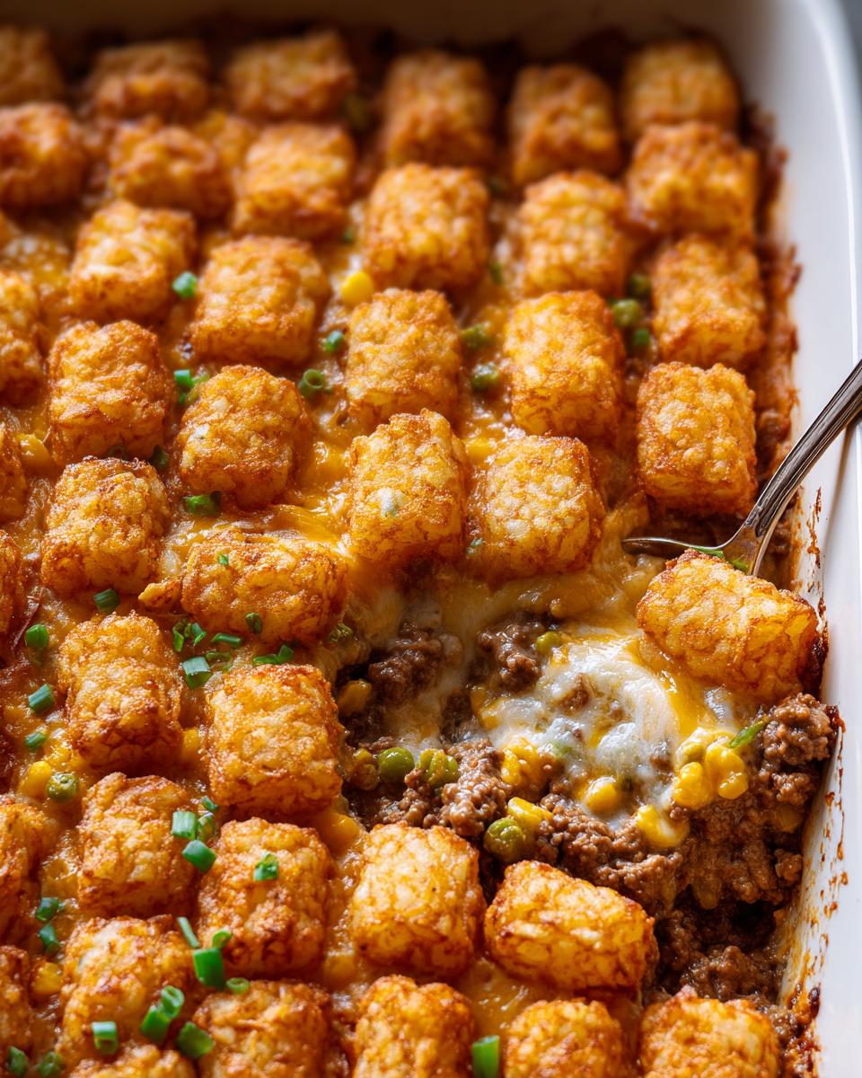 Close-up of a baked Cheesy Tater Tot Beef Casserole with golden tater tots and melted cheese being served with a spoon.