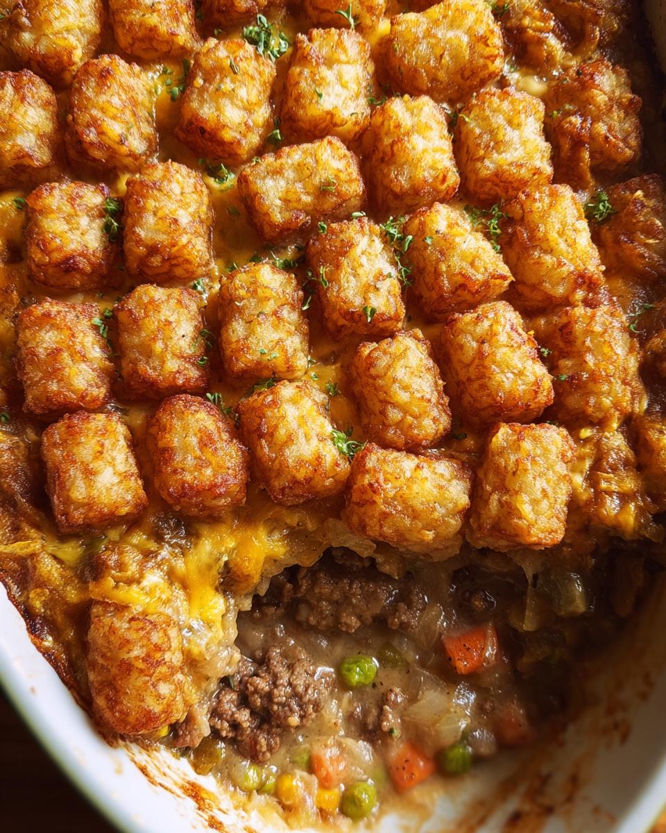 Close-up of a Cheesy Tater Tot Beef Casserole showing crispy tater tots over a creamy beef and vegetable filling.