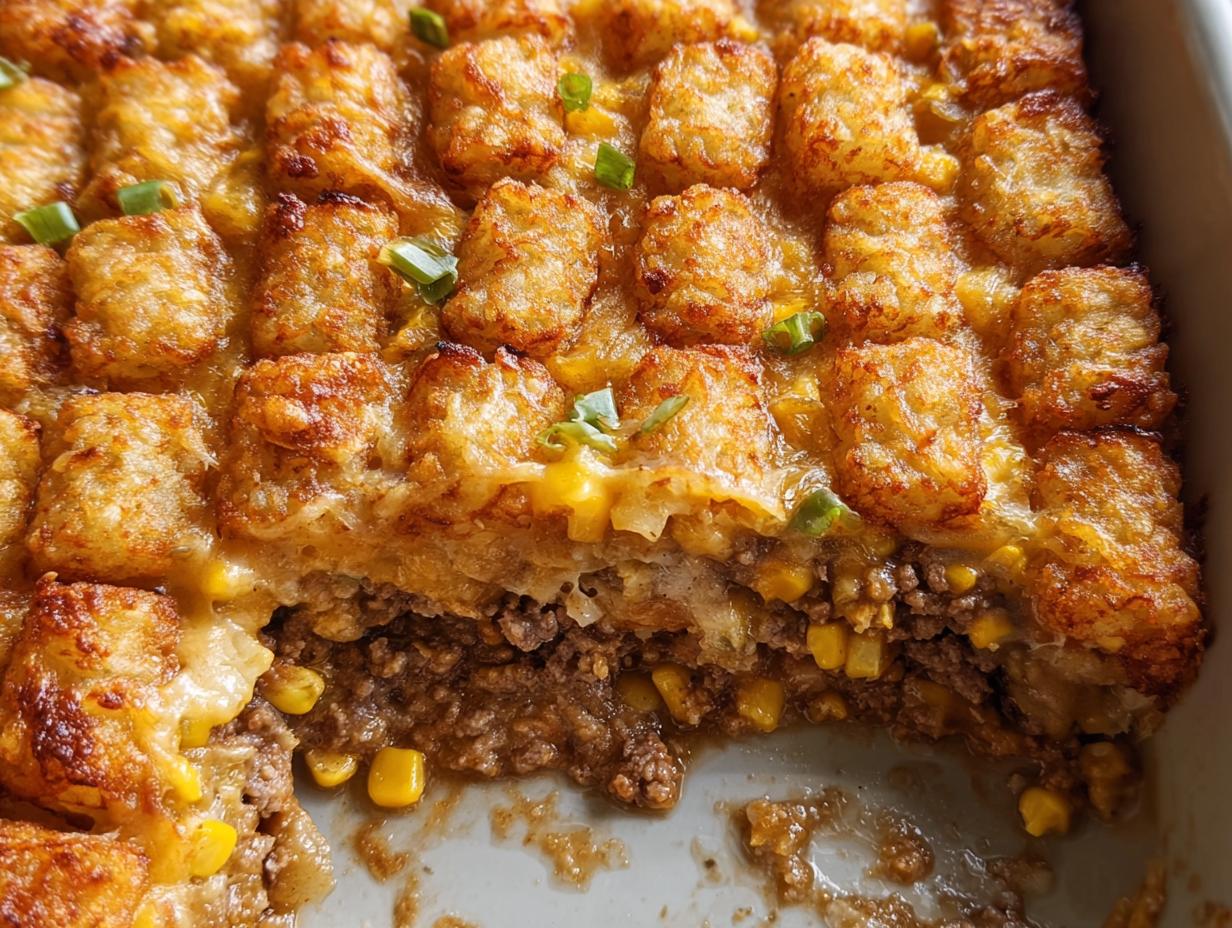 Close-up of a baked Cheesy Tater Tot Beef Casserole showing crispy tater tots, melted cheese, and a ground beef and corn layer.