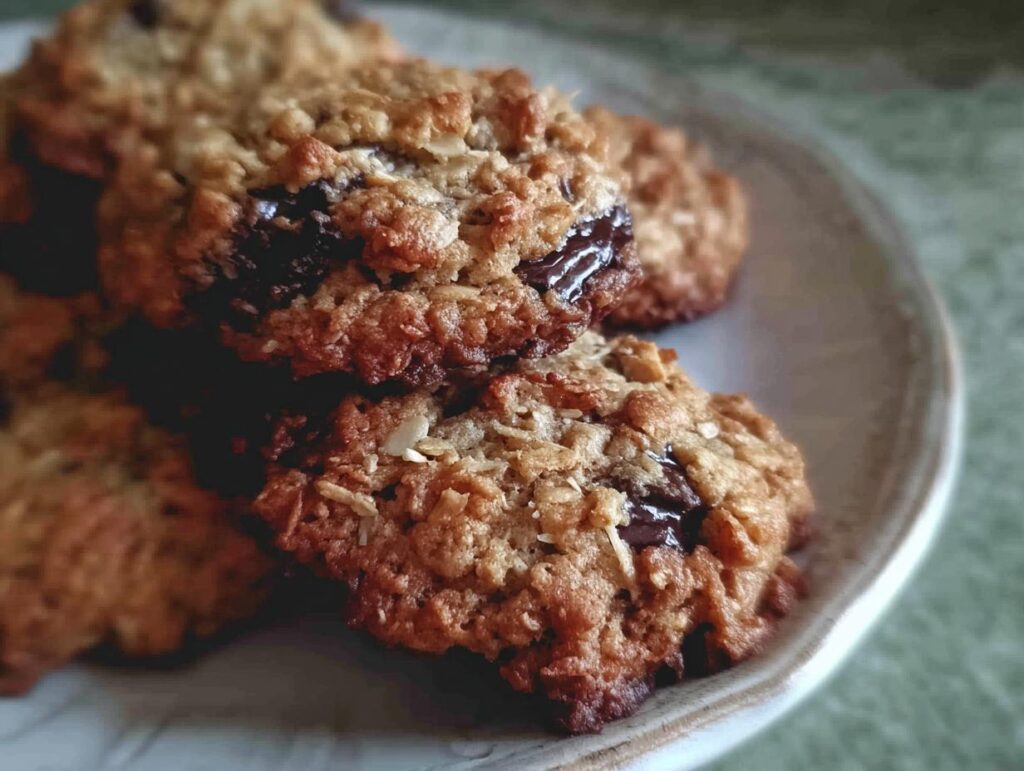 Close-up of stacked, chewy Oatmeal Chocolate Chip Coconut Cookies showing melted chocolate chunks and visible oats.