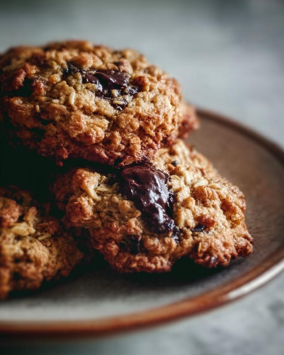 Close-up of chewy Oatmeal Chocolate Chip Coconut Cookies stacked on a rustic plate with melted chocolate.