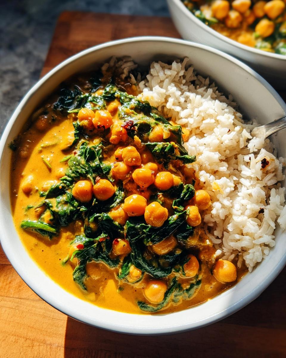 Close-up of a white bowl filled with vibrant Chickpea and Spinach Coconut Curry served alongside fluffy white rice.