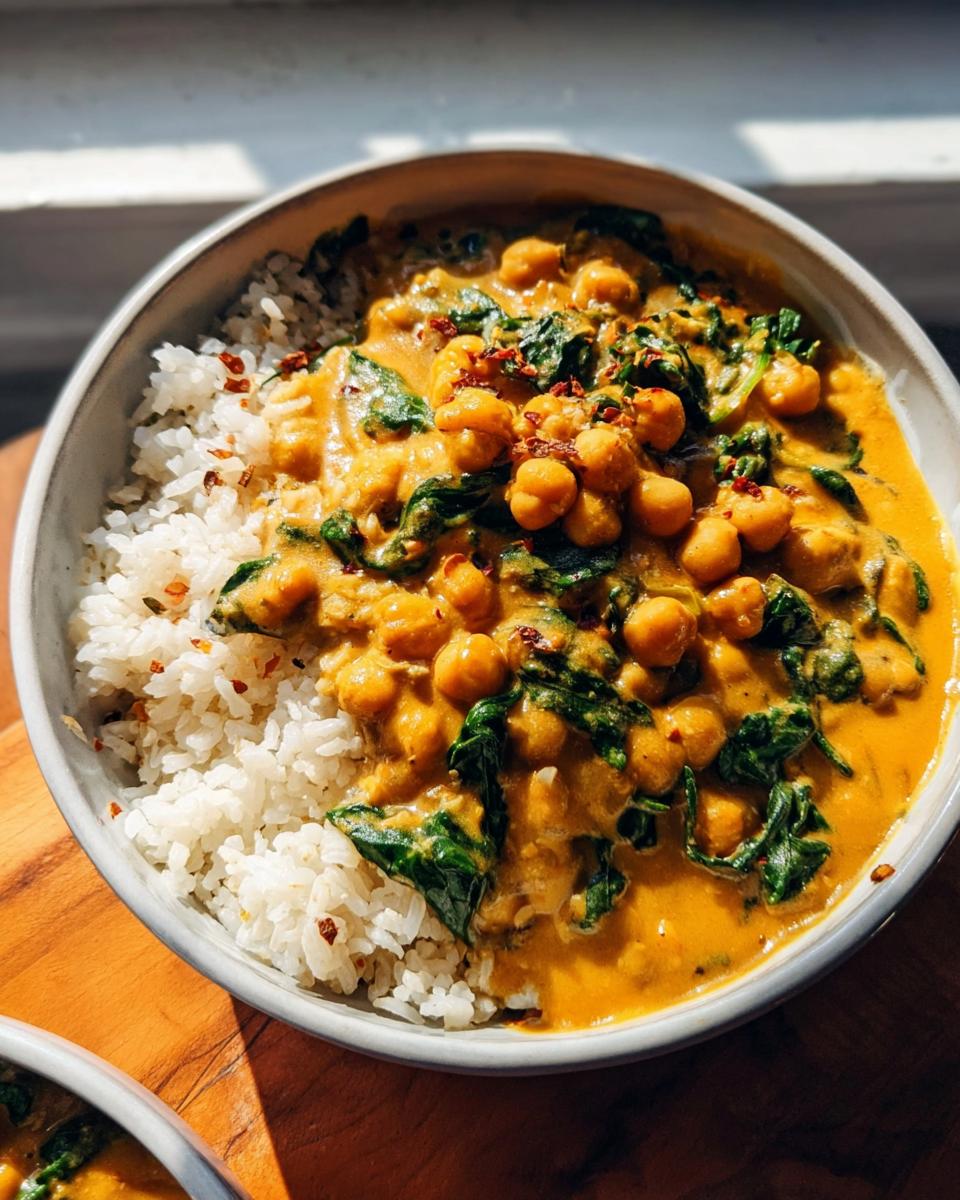 Close-up of a bowl filled with creamy Chickpea and Spinach Coconut Curry served alongside white rice, topped with chili flakes.
