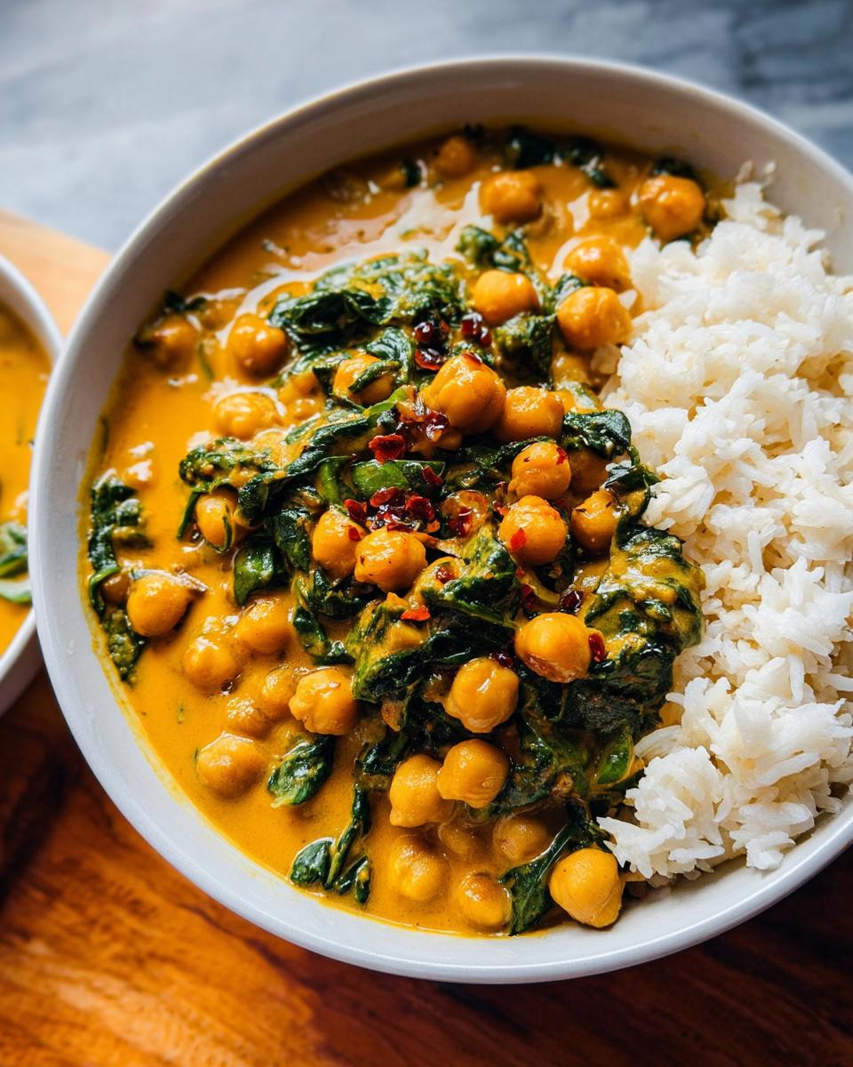 A close-up of a bowl filled with vibrant Chickpea and Spinach Coconut Curry next to a mound of white rice.