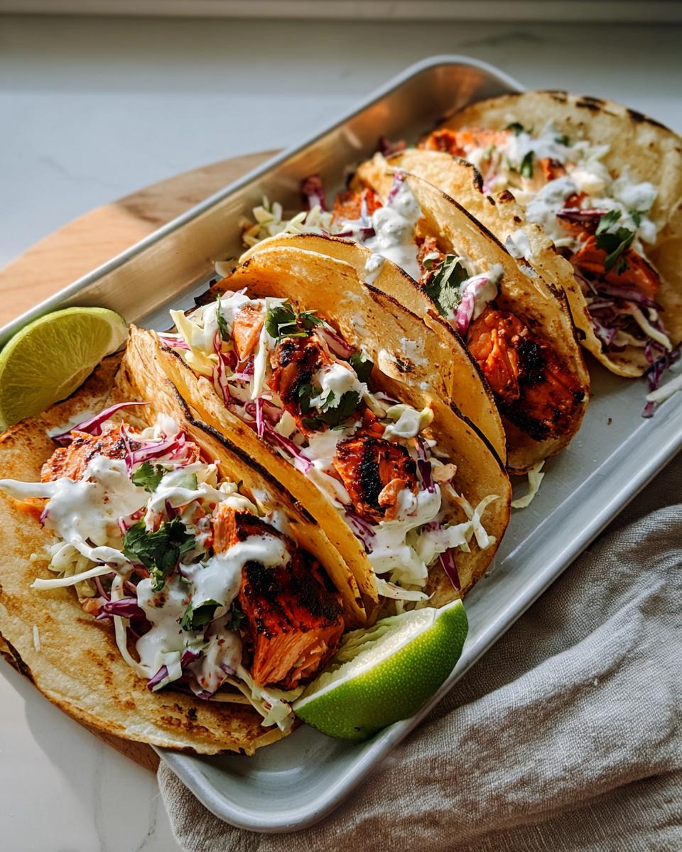 Four assembled Chili Lime Salmon Tacos filled with charred salmon, slaw, and drizzled with white sauce, served with lime wedges.