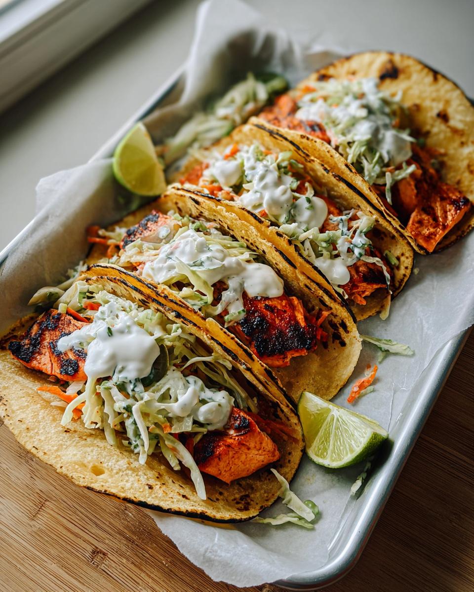 Four grilled Chili Lime Salmon Tacos filled with slaw and topped with a creamy sauce, served with lime wedges.