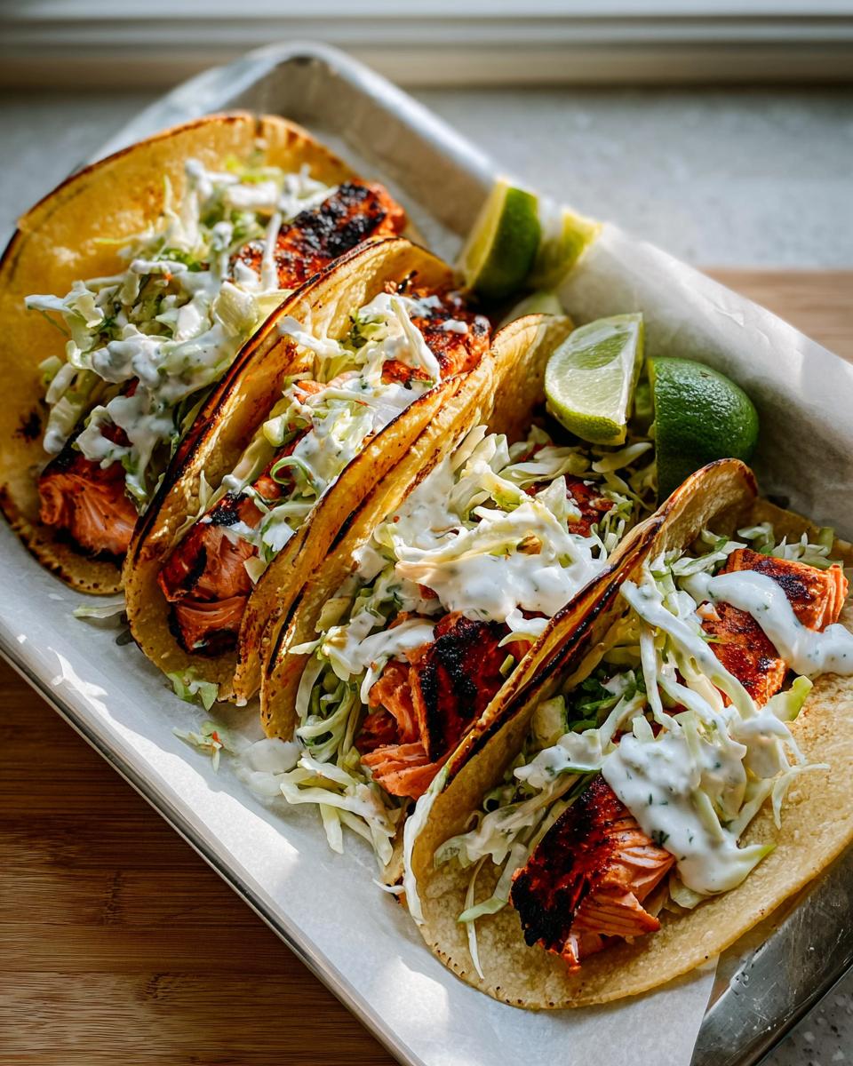 Four delicious Chili Lime Salmon Tacos filled with charred salmon, crunchy slaw, and creamy sauce, garnished with lime wedges.
