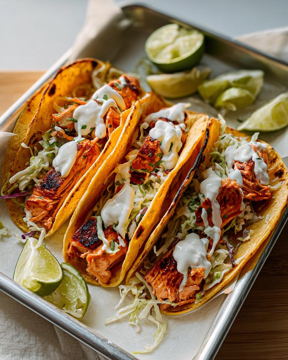 Three fully loaded Chili Lime Salmon Tacos topped with creamy white sauce and served with lime wedges.