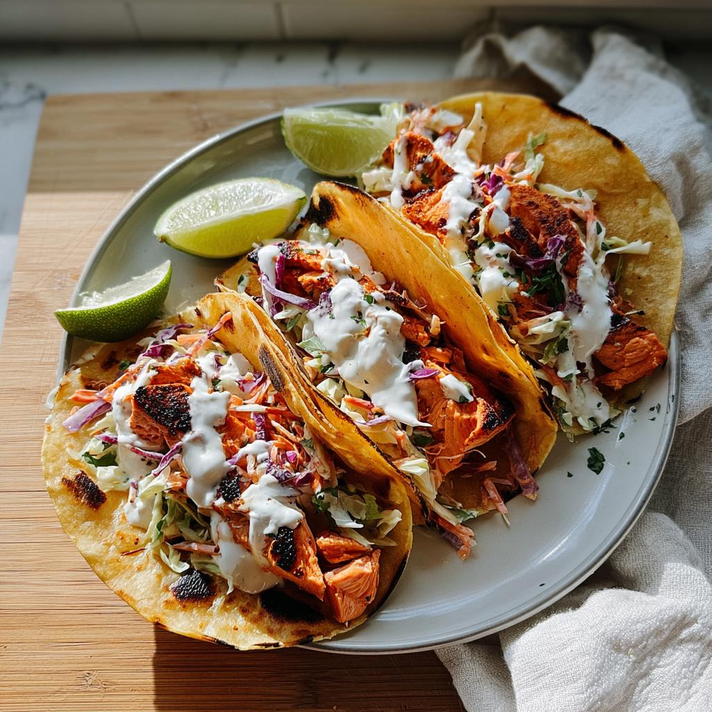 Three prepared Chili Lime Salmon Tacos filled with salmon, colorful slaw, and drizzled with white sauce, served with lime wedges.