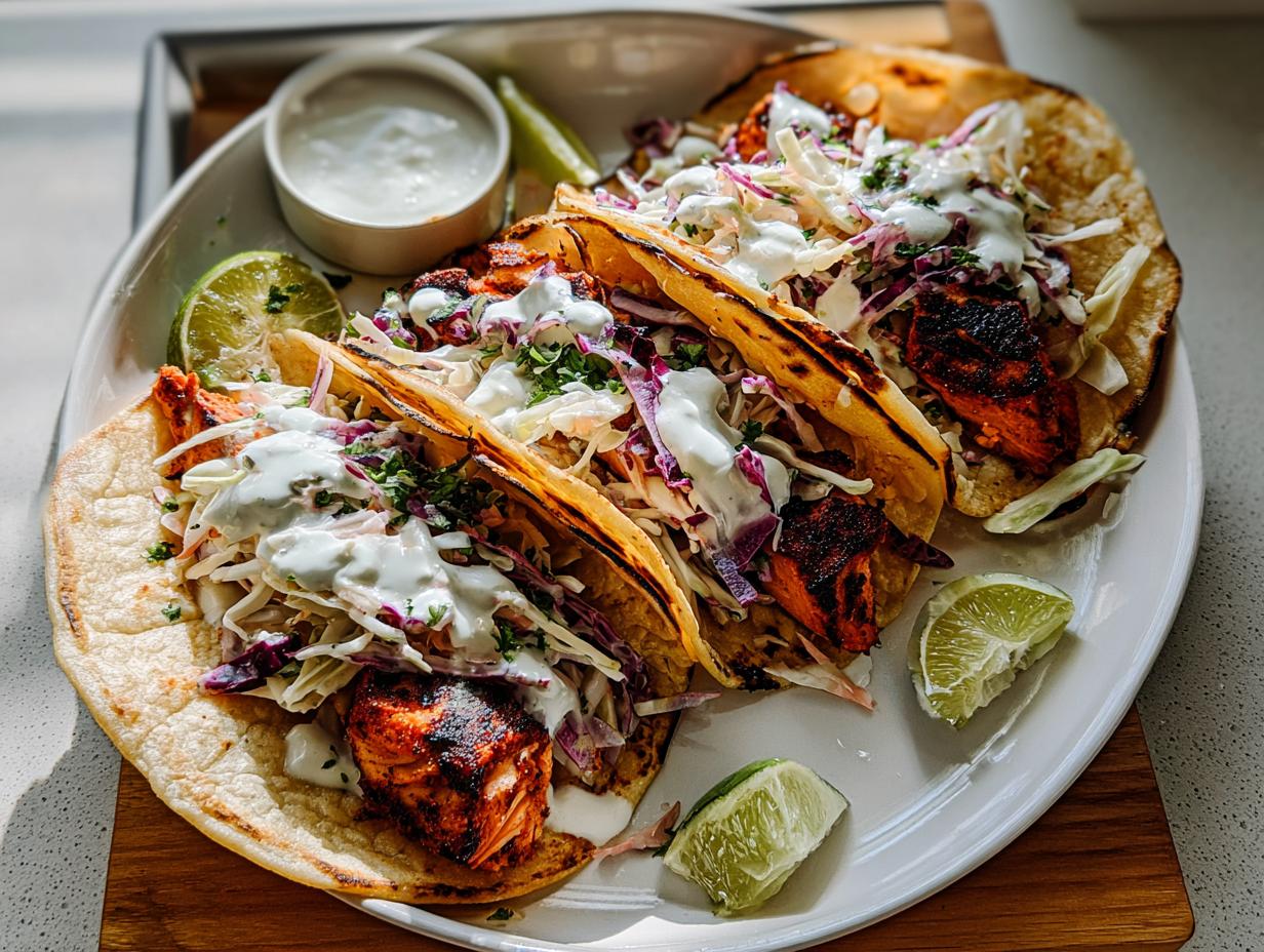 Three fully loaded Chili Lime Salmon Tacos topped with creamy sauce and colorful slaw, served with lime wedges.