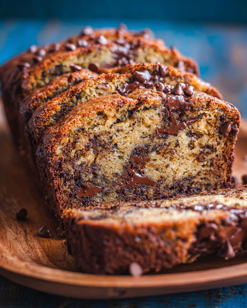 A close-up of a Chocolate Chip Banana Bread Loaf sliced on a wooden platter, showing melted chocolate chips inside.