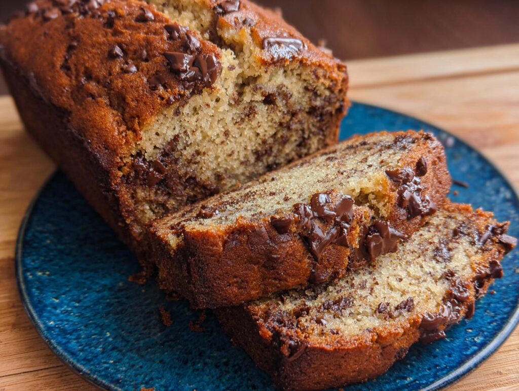 A close-up of a Chocolate Chip Banana Bread Loaf, partially sliced, showing moist interior and melted chocolate chips on a blue plate.