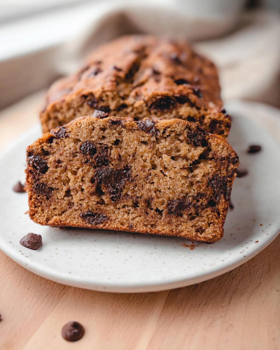 Close-up of a moist slice of chocolate chip Peanut Butter Banana Bread on a speckled white plate.