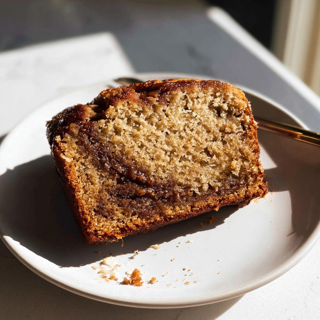 Close-up of a moist slice of Cinnamon Swirl Banana Bread showing a rich, dark cinnamon swirl layer.