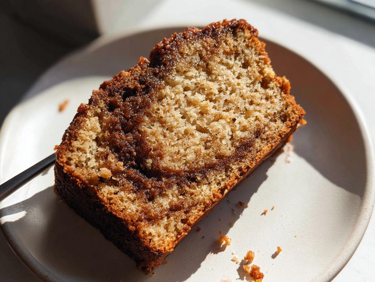Close-up of a moist slice of Cinnamon Swirl Banana Bread showing the rich brown swirl pattern on a light plate.