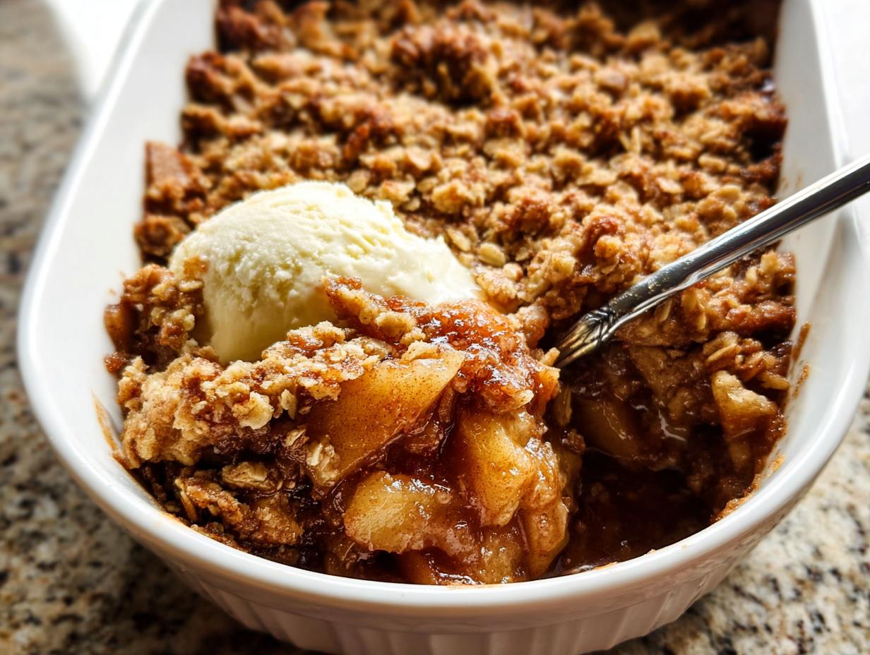Close-up of a scoop of vanilla ice cream melting over warm Classic Apple Crisp with Oat Crumble in a white baking dish.