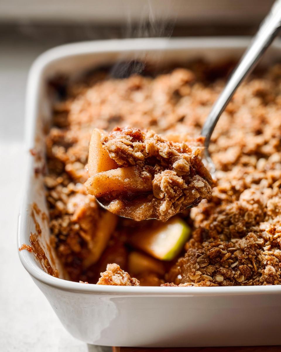 A spoonful of hot Classic Apple Crisp with Oat Crumble being lifted from a white baking dish, showing steaming apples and crumble.