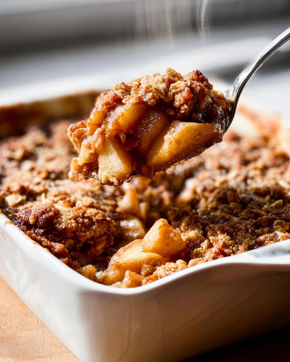 A spoonful of warm Classic Apple Crisp with Oat Crumble being lifted from a white baking dish.
