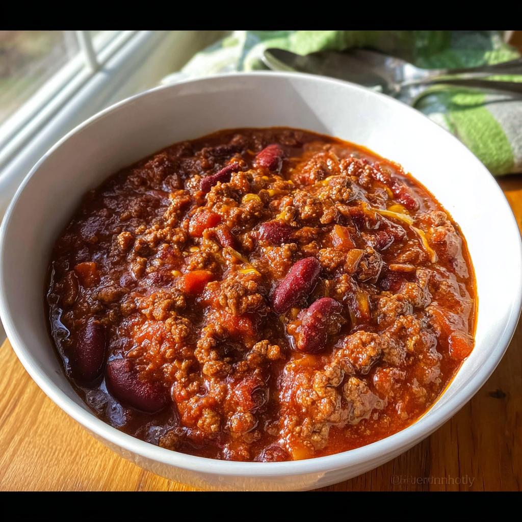 Close-up of a white bowl filled with rich, thick Classic Beef and Bean Chili, featuring ground beef and kidney beans.