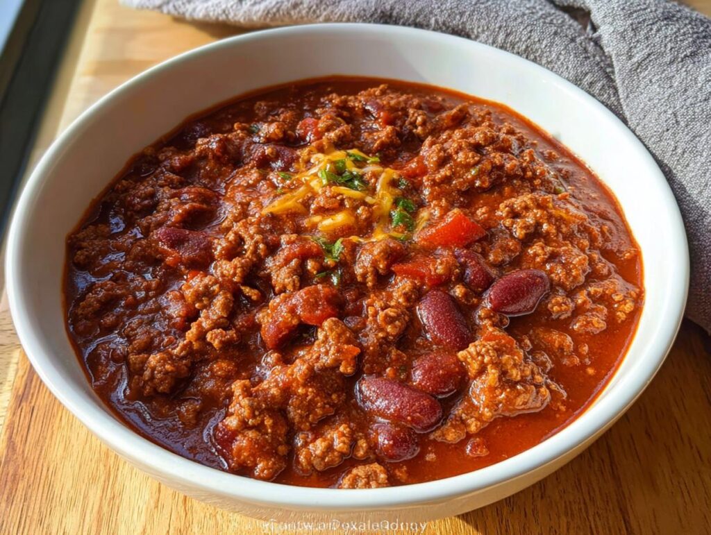 A close-up of a bowl filled with rich, hearty Classic Beef and Bean Chili, topped with shredded cheese and herbs.