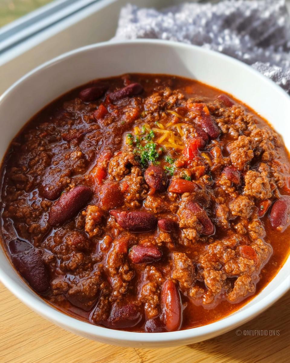 Close-up of a white bowl filled with rich Classic Beef and Bean Chili, topped with shredded cheese and parsley.