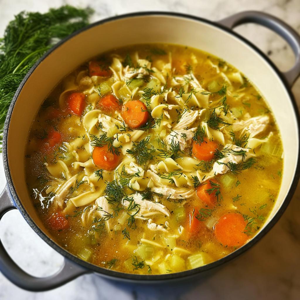 Close-up of Classic Homestyle Chicken Noodle Soup filled with shredded chicken, carrots, noodles, and fresh dill in a dark pot.