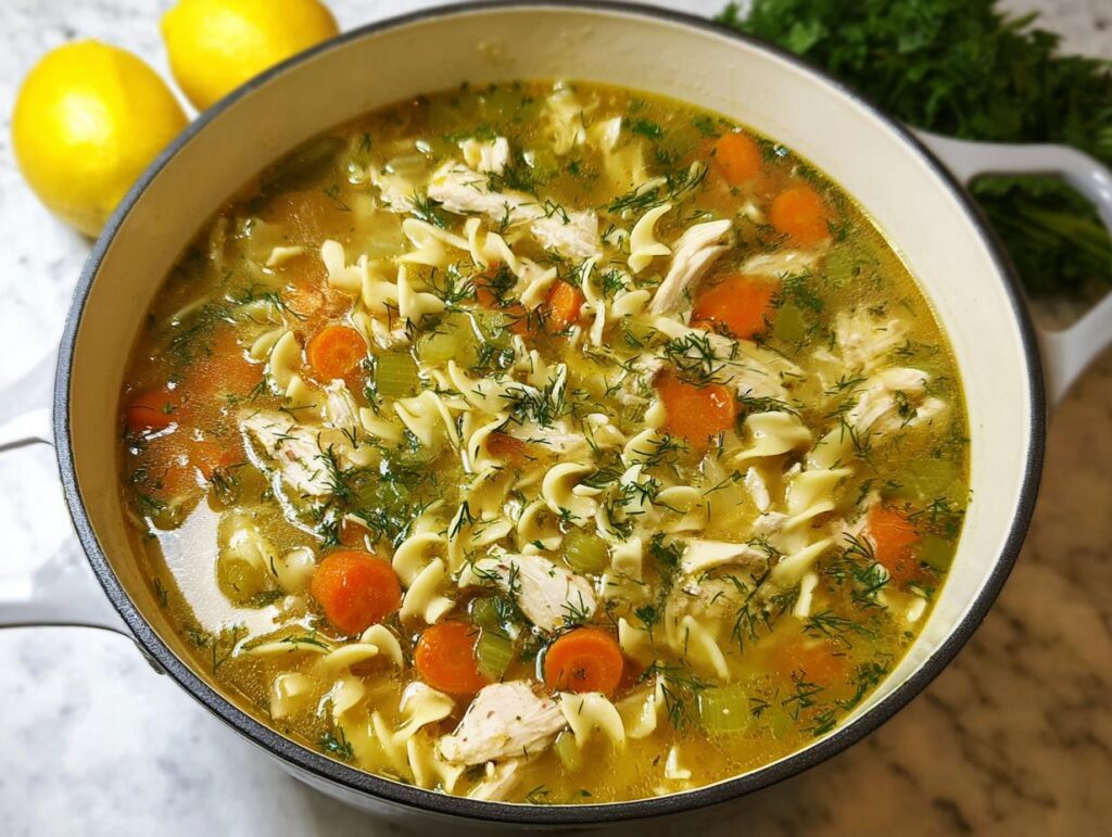 Close-up of Classic Homestyle Chicken Noodle Soup filled with broth, egg noodles, shredded chicken, carrots, and dill.